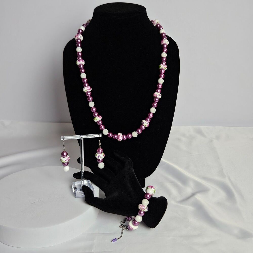 Purple Beaded Jewelry Set Necklace Bracelet Earrings Floral Rose Beads 3 Pc